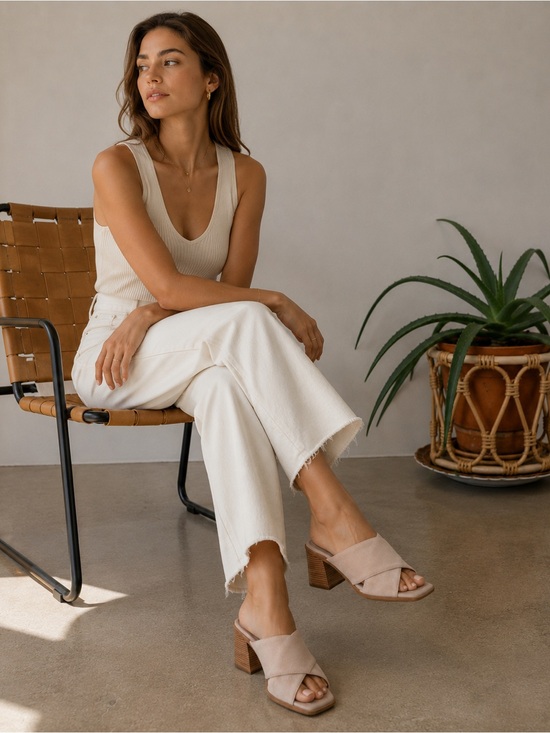 Marc Fisher Shoes - Marc Fisher LTD Barli Block Chunky Heel Suede Criss Cross Mules Sandals 11 Beige